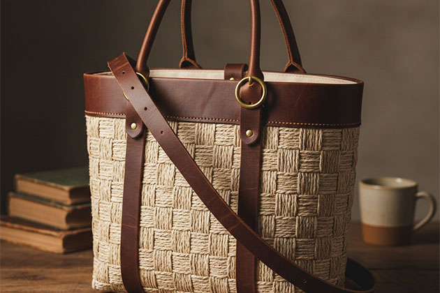 leather trimmed woven bag